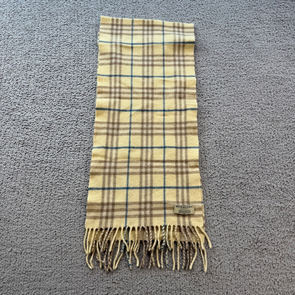 Burberry London Lambswool Scarf Yellow Nova Check Plaid Made in England 49x10